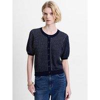 French Connection Cotton Blend Dotted Short Sleeve Knit Cardigan - Navy