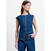 French Connection Cotton Button Down High Crew Neck Denim Waistcoat