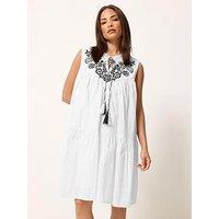 Pixiegirl Petite Frill Sleeve Tie Neck Embroidered Smock Dress - White