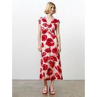 French Connection Floral Poppy Print V-Neck Front Twist Midi Dress - Red