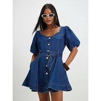 River Island Petite Balloon Sleeve Belted Denim Mini Dress - Blue