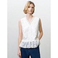 French Connection Semi-Sheer V-Neck Floral Embroidered Peplum Top - White