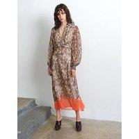 French Connection Snake Print V-Neck Balloon Sleeve Chiffon Midi Dress