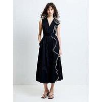 French Connection Cotton Ruffle Detail V-Neck Sleeveless Poplin Midi Dress - Black