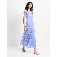 French Connection Floral Print Chiffon V-Neck Midi Tea Dress - Blue