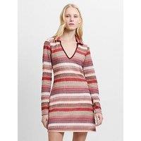 French Connection Zig-Zag Stripe Long Sleeve V-Neck Collared Knit Mini Dress