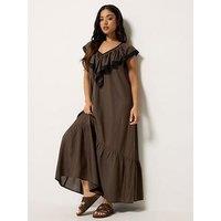 Pixiegirl Petite Contrast Frill Maxi Dress - Brown