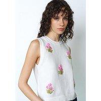 French Connection Cotton Blend Sleeveless Crew Neck Floral Embroidered Knit Vest