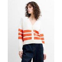 French Connection Cotton Blend Stripe V-Neck Button Knit Cardigan - Cream