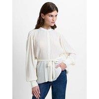French Connection Plisse Self-Tie Grandad Collar Balloon Sleeve Blouse