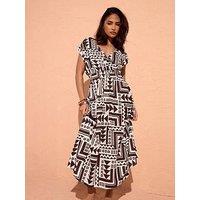 Pixiegirl Petite Abstract Wrap Front Midi Dress - Brown