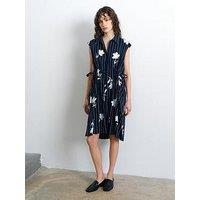 French Connection Cotton Pinstripe Floral Print Sleeveless Collared Midi Shirt Dress