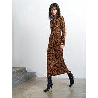 French Connection Leopard Print Long Sleeve Knot V-Neck Midi Dress