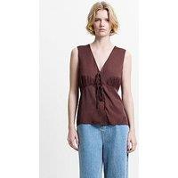 French Connection Candice Satin Bow Brown Tie-Up Top - Brown