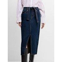 French Connection Cotton Belted Front Slit Denim Midi Skirt