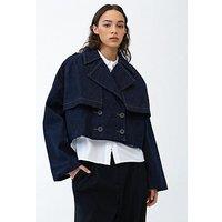 French Connection Cotton Blend Double-Breasted Denim Cropped Trench Jacket