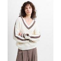 French Connection V-Neck Varsity Knit Jumper - White