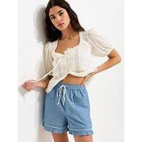 New Look Chambray Frilly Trim Shorts - Blue