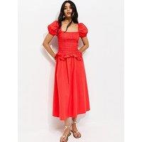 New Look Shirred Dropped Waist Midi Dress - Light Coral