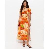 New Look Floral Puff Sleeve Midi Dress - Orange