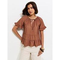 New Look Tiered Tie Neck Top - Light Brown