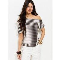 New Look Jersey Short Sleeve Stripe Off The Shoulder Top - Brown