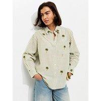 New Look Striped Palm Tree Embroidered Shirt - Green