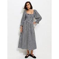 New Look Gingham Shirred Cropped Puff Sleeve Midi Dress - Black/White