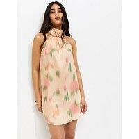 New Look Rose Print Halterneck Mini Dress - Pink