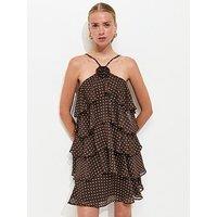 New Look Brown Polka Dot Ruffle Halterneck Mini Dress