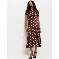New Look Brown Satin Polka Dot Puff Sleeve Midi Dress