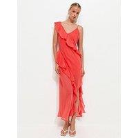 New Look Chiffon Ruffle Trim Strappy Midi Dress - Dark Coral