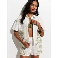 New Look White Woven Palm Embroidered Cotton Co-Ord Beach Shirt