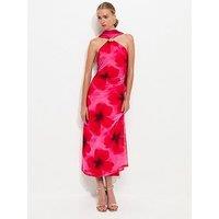 New Look Floral Halter Scarf Detail Mesh Midi Dress - Dark-Pink/Red