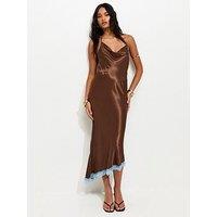 New Look Halterneck Lace Trim Asymmetric Midi Dress - Dark Brown
