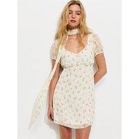 New Look Cream Chiffon Floral Mini Dress With Scarf