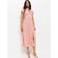 New Look Pink Floral Lace Waist Midi Dress