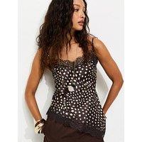 New Look Brown Spotty Asymmetric Lace Hem Cami Top