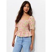 New Look Rose Print Shirred Puff Sleeve Top - Pink