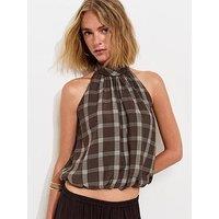 New Look Check Print Bubble Hem Halterneck Top - Brown