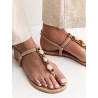 New Look Faux Suede Embellished Strap Sandals - Stone