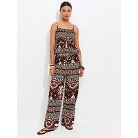 New Look Palm Tree Print Wide Leg Trousers - Brown