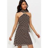 New Look Polka Dot Halter Neck Mesh Mini Dress - Brown