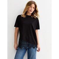 New Look Cotton Scalloped Lace T-Shirt - Black