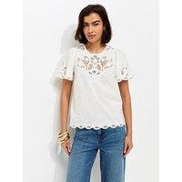 New Look Cutwork Embroidered Scallop Edge T-Shirt - Cream