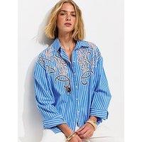 New Look Lace Cutout Pinstripe Shirt - Blue