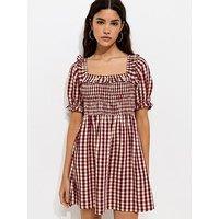 New Look Gingham Short Sleeve Shirred Frill Mini Dress - Dark Pink