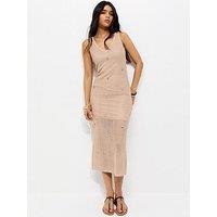 New Look Oatmeal Stitchy Crochet Shell Applique Dress - Beige