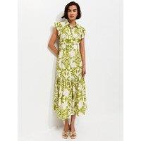 New Look Lotus Print Belted Midi Shirt Dress - Green