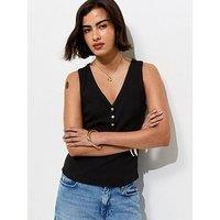 New Look Cotton Rich Gold Tone Button Henley Vest Top - Black